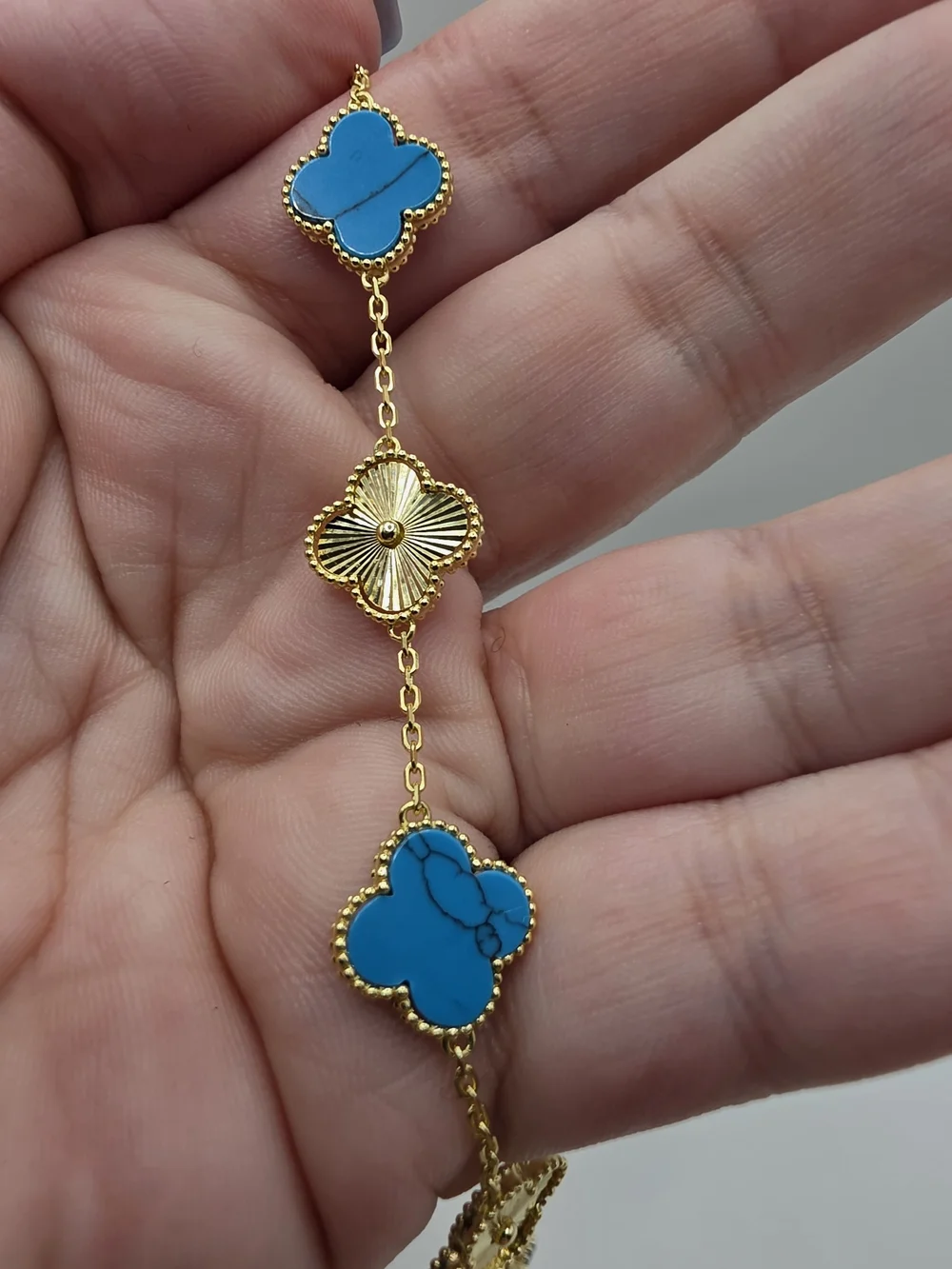 Gold Over S925  Turquoise Clover Link Bracelet 6-8 Inches